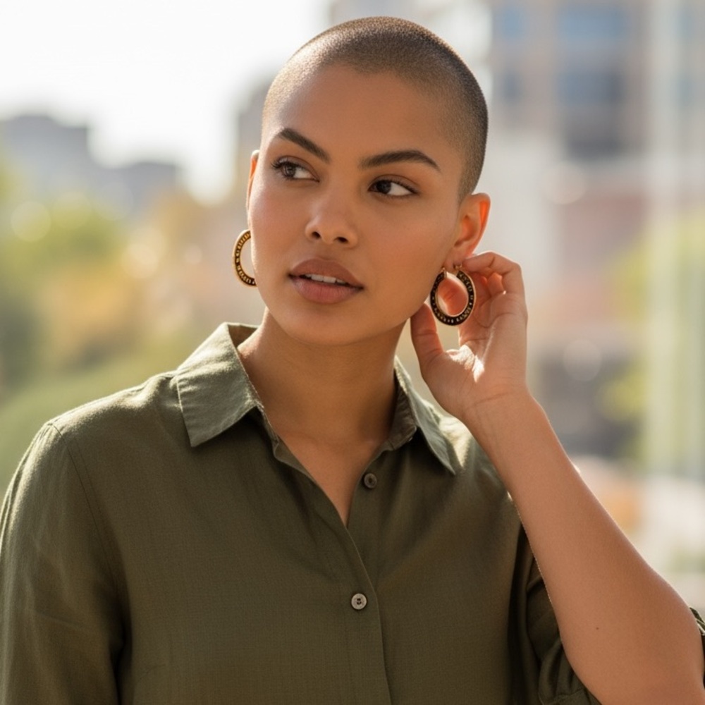 (Vince Camuto) Black and Gold Logo Hoop Earrings